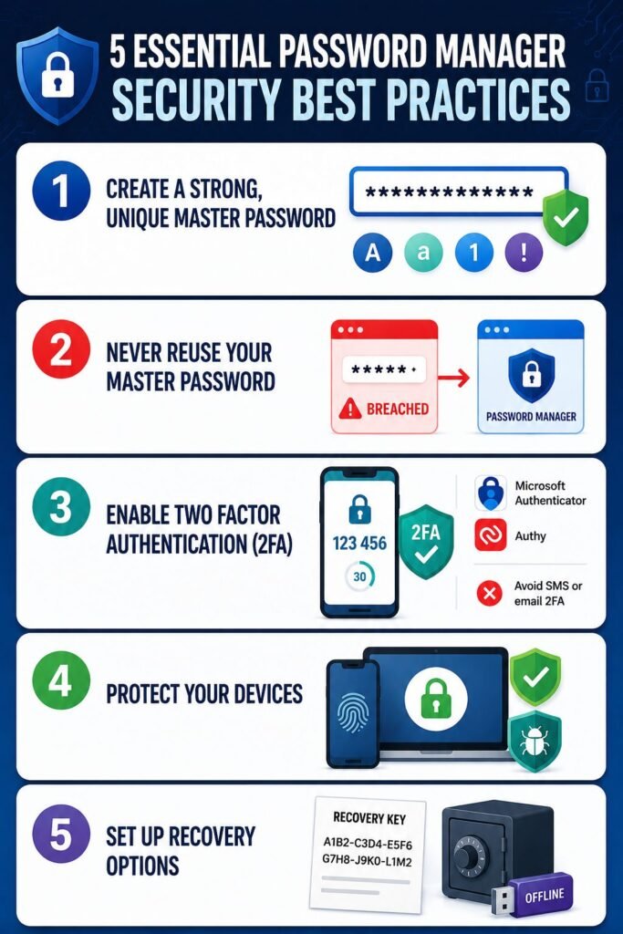 5 Essential Password Manager Security Best Practices. Steps include: 1. Create a unique master password. 2. Never reuse it. 3. Enable 2FA (Authenticator apps). 4. Protect devices with biometrics and antivirus. 5. Set up offline recovery options.
