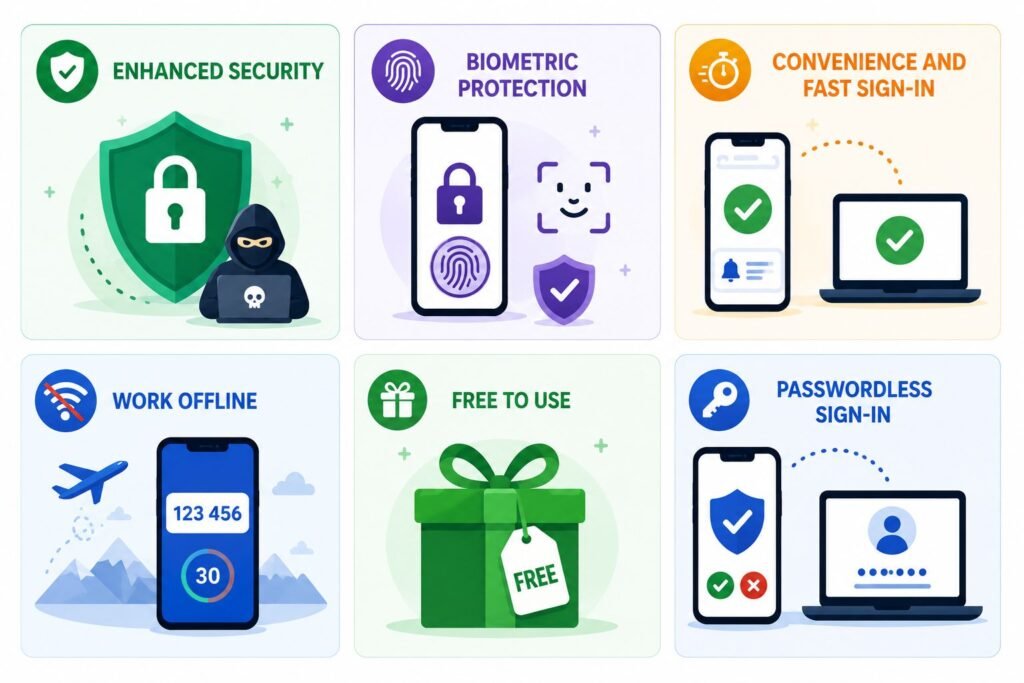 Infographic showing the benefits of using an authenticator app, including enhanced security, biometric protection, offline access, fast sign-in, free use, and passwordless authentication.