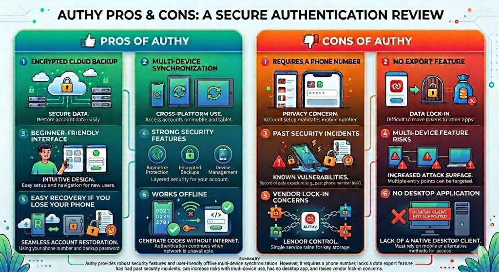 AUTHY PROS & CONS: A SECURE AUTHENTICATION REVIEW," presented in a modern vector illustration style with clean digital elements, soft gradients, and decorative plants. The image is structured in a two-column layout.