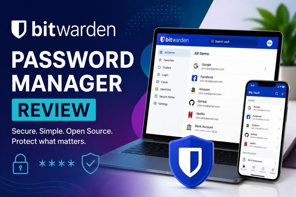 Landscape feature image for a Bitwarden review article showing a laptop and smartphone displaying the Bitwarden vault interface against a modern blue and purple gradient background, with large “Password Manager Review” text and security-themed shield and lock icons.
