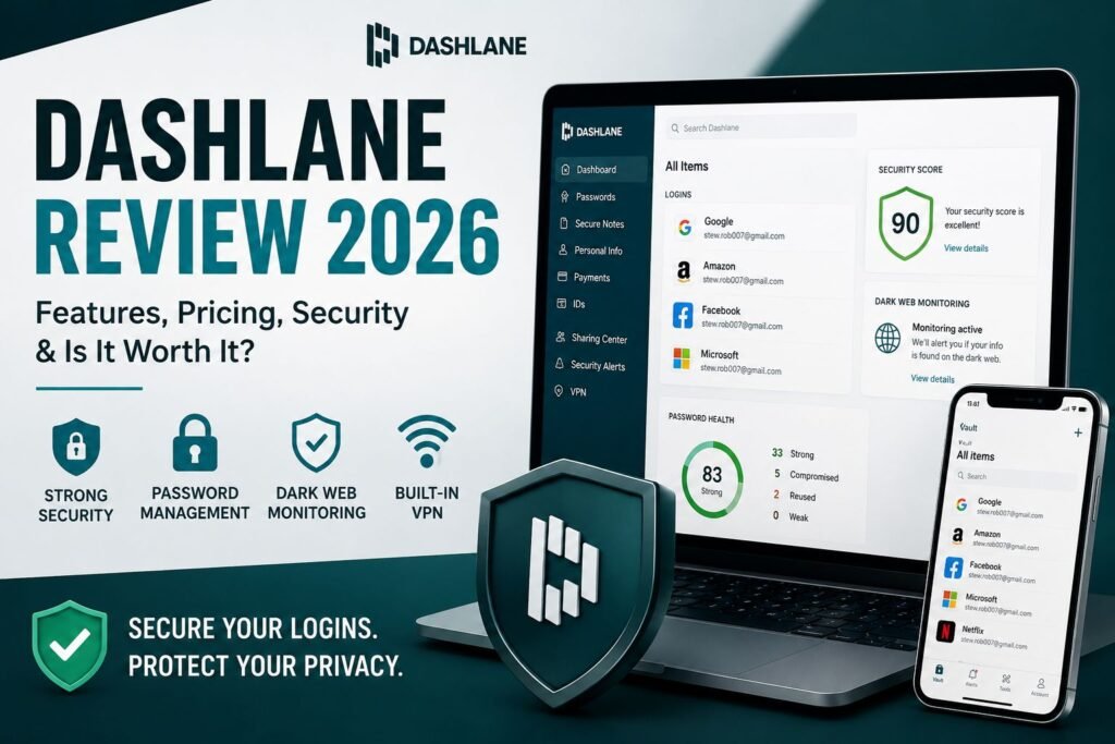 Dashlane Review 2026 featured image showing Dashlane password manager dashboard on desktop and mobile devices with security score, dark web monitoring, password vault, and built-in VPN features.