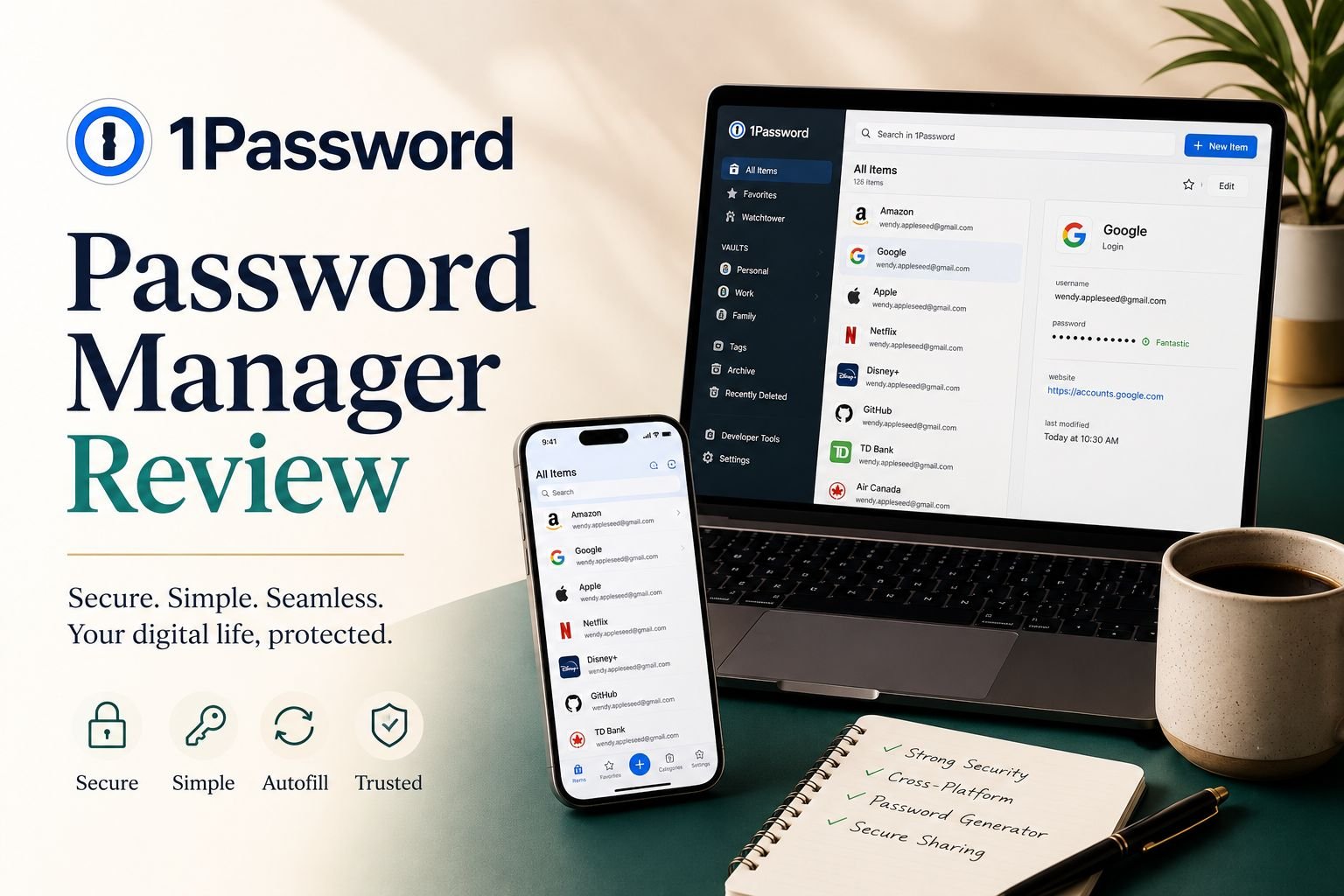 A comprehensive 1Password review image featuring 1Password password manager interface on a laptop and smartphone, displaying saved passwords and secure vault entries for major accounts like Amazon, Google, Apple, Netflix, Disney+, and TD Bank. The Google login details are open on the laptop, emphasizing encrypted password storage, strong security, and seamless autofill. Text highlights “Secure. Simple. Seamless.” with icons for Secure, Simple, Autofill, and Trusted. A notebook in the foreground lists key features—strong security, cross‑platform compatibility, password generator, and secure sharing - next to a coffee cup, reinforcing productivity, cybersecurity, and digital‑privacy themes.