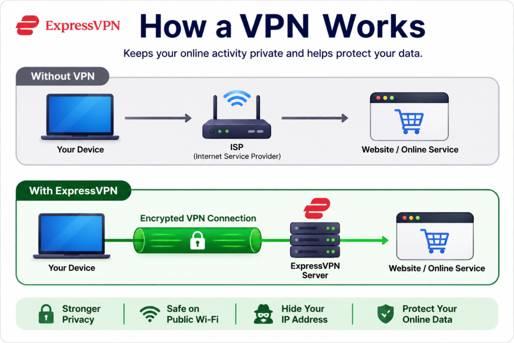 How a VPN works with ExpressVPN, showing an encrypted connection between your device, VPN server, and website