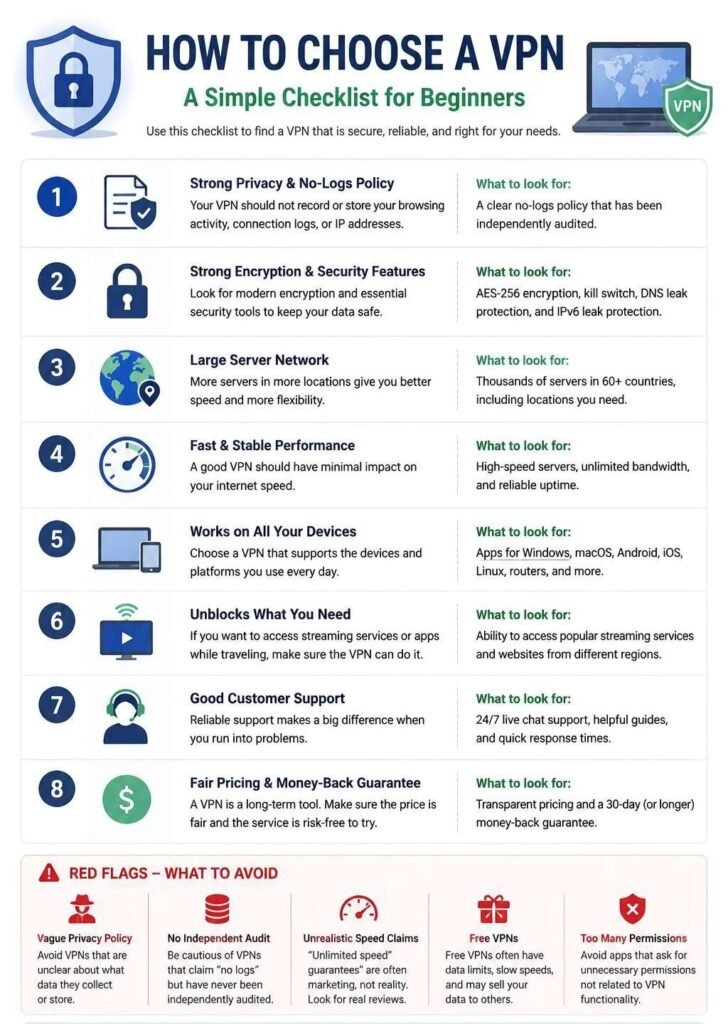 How to choose VPN An infographic titled “How to Choose a VPN: A Simple Checklist for Beginners,” listing eight criteria for selecting a secure VPN—privacy policy, encryption, server network size, speed, device compatibility, ability to unblock content, customer support, and pricing—followed by red‑flag warnings such as vague privacy policies, lack of audits, unrealistic speed claims, free VPN risks, and apps requesting excessive permissions.