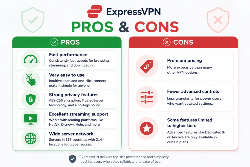ExpressVPN pros and cons infographic showing fast performance, ease of use, strong privacy, streaming support, wide server coverage, premium pricing, fewer advanced controls, and some features limited to higher-tier plans.