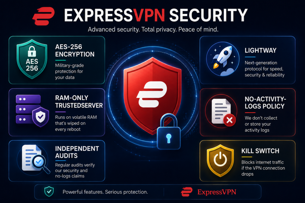 ExpressVPN security features including AES-256 encryption, Lightway, TrustedServer, no-activity-logs policy, independent audits, and Kill Switch