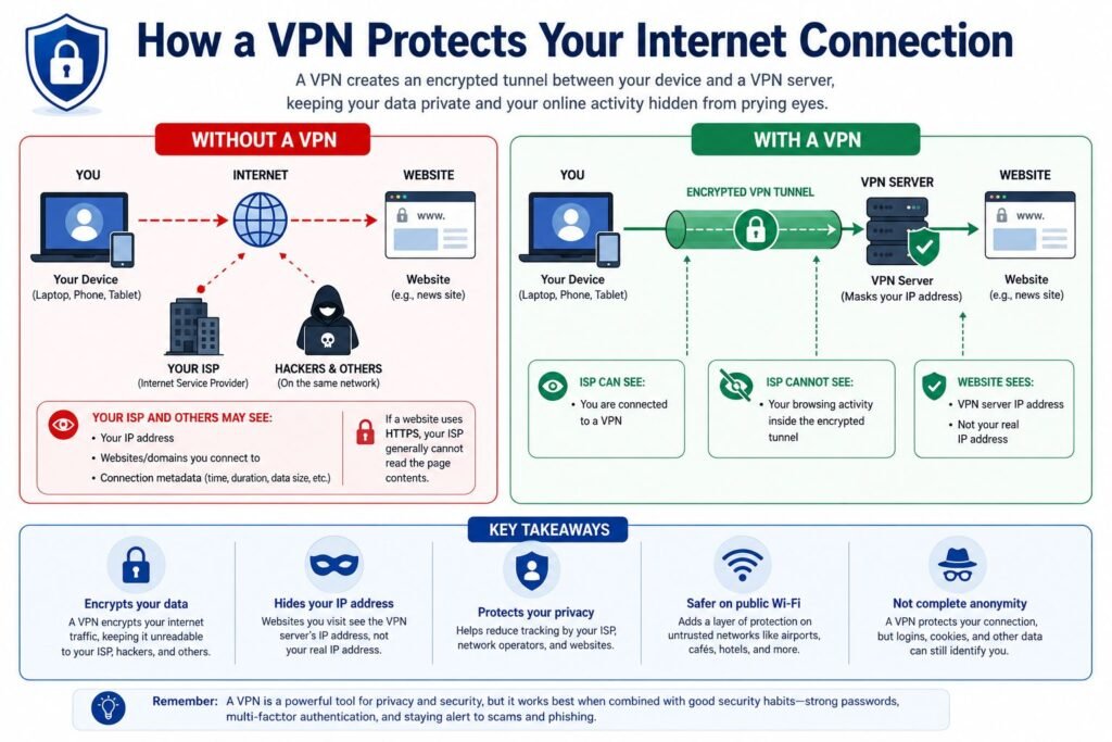 A split infographic showing how a VPN protects an internet connection. The left side illustrates an unprotected connection where an ISP and hackers can see a user’s IP address and browsing activity. The right side shows a VPN creating an encrypted tunnel to a VPN server, hiding the user’s IP address and blocking ISP visibility. Key takeaways highlight encryption, IP masking, privacy protection, safer public Wi‑Fi use, and that a VPN does not provide complete anonymity.