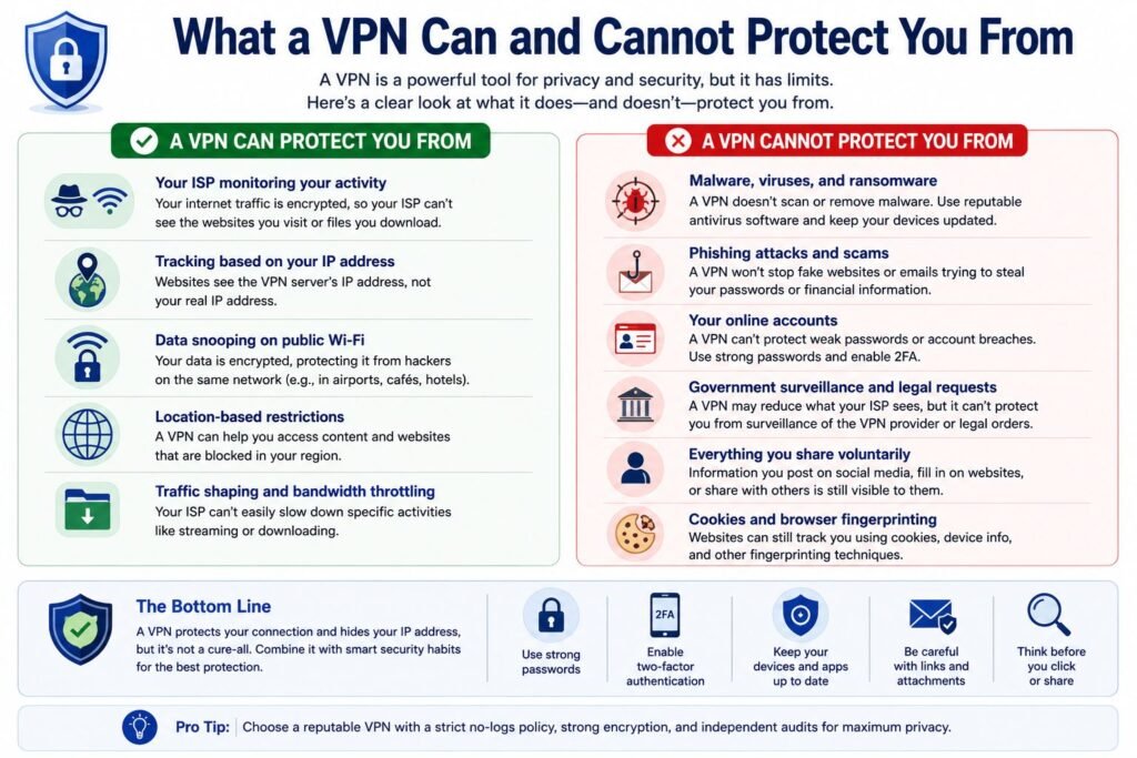 Infographic titled ‘What a VPN Can and Cannot Protect You From,’ showing two side‑by‑side lists. The left side highlights protections such as hiding your IP address, preventing ISP tracking, securing public Wi‑Fi, bypassing location restrictions, and reducing throttling. The right side lists limitations, including no protection against malware, phishing, compromised accounts, government requests, voluntary sharing, or cookies and browser fingerprinting. A bottom section summarizes that VPNs improve privacy but are not a complete security solution.