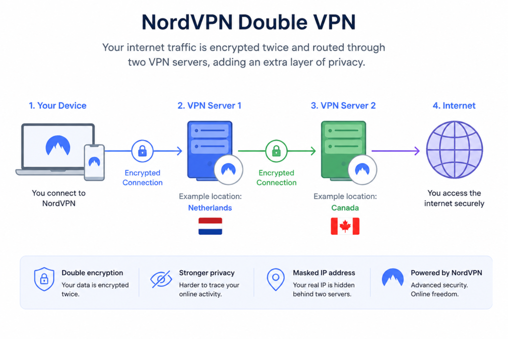 NordVPN Double VPN diagram showing internet traffic passing through two VPN servers for an additional layer of privacy.