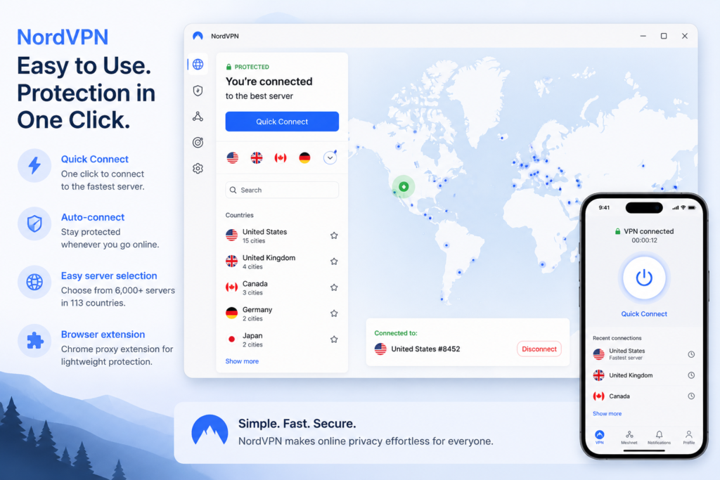 NordVPN app interface showing the Quick Connect button and simple server selection for easy VPN setup.