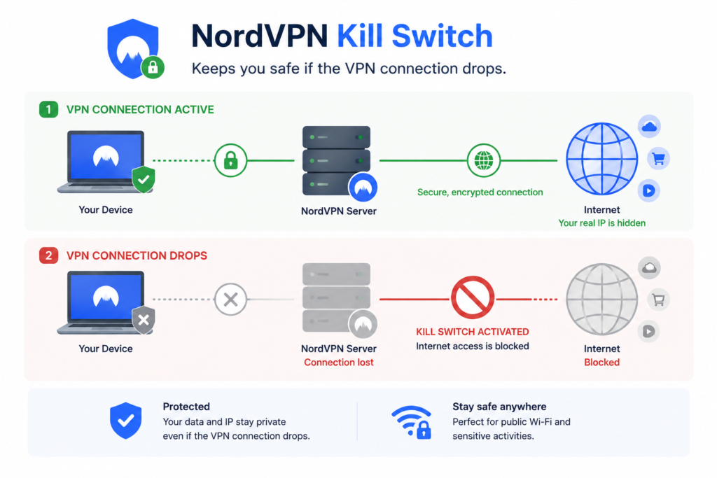 NordVPN’s Kill Switch blocks internet access if the VPN connection drops, helping prevent your real IP address and traffic from being exposed.