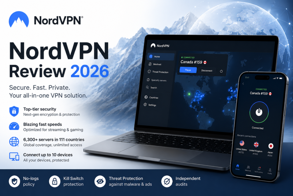 NordVPN Review 2026 showing the NordVPN app on a laptop and smartphone