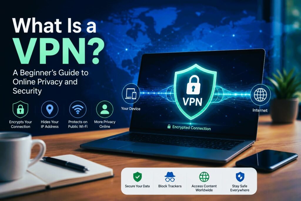What is a VPN? Illustration showing how a VPN encrypts internet traffic, hides your IP address, and protects your online privacy.
